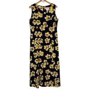 Vtg Studio 1 Sleeveless Maxi Dress Sz 16 Floral Black Yellow Polyester Summer